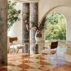 Colombe Round Ivory Metal Outdoor Dining Table With Glass Top -Home Furnishings Store CB2SU23 RC 04C HERO