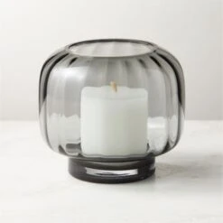 Coco Ribbed Glass Dark Grey Hurricane Candle Holder Small