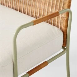 Colombe Green Metal And Rattan Outdoor Loveseat With Ivory Sunbrella® Cushions -Home Furnishings Store ColombeVertLoungeChairAVSSS23