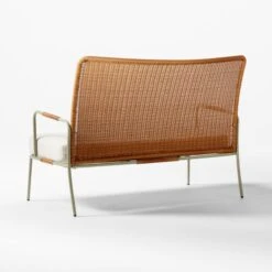 Colombe Green Metal And Rattan Outdoor Loveseat With Ivory Sunbrella® Cushions -Home Furnishings Store ColombeVertLoveseat3QBSSS23