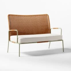 Colombe Green Metal And Rattan Outdoor Loveseat With Ivory Sunbrella® Cushions -Home Furnishings Store ColombeVertLoveseat3QSSS23