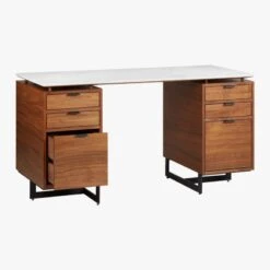 Fullerton 6-Drawer Walnut Wood Desk With White Marble Top -Home Furnishings Store FullertonMdlrDskW2DrwrsAVS18