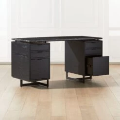Fullerton 6-Drawer Black Oak Wood Desk With Black Marble Top -Home Furnishings Store FullertonModBkDkW2BkDrwAV2SHF20 1x1