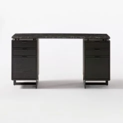 Fullerton 6-Drawer Black Oak Wood Desk With Black Marble Top -Home Furnishings Store FullertonModBkDkW2BkDrwSOF20