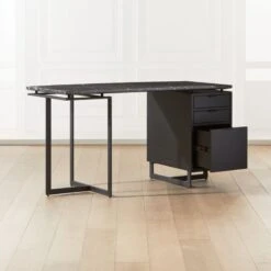 Fullerton 3-Drawer Black Metal And Oak Wood Desk With Black Marble Top -Home Furnishings Store FullertonModBkDkWBkDrNLgAV2SHF20 1x1