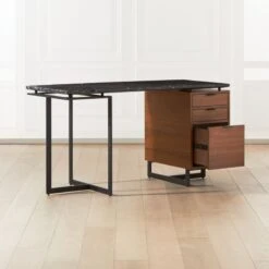 Fullerton 3-Drawer Metal And Walnut Wood Desk With Black Marble Top -Home Furnishings Store FullertonModBkDkWWlDrNLgAV2SHF20 1x1