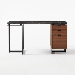 Fullerton 3-Drawer Metal And Walnut Wood Desk With Black Marble Top -Home Furnishings Store FullertonModBkDkWWlDrNLgSOF20