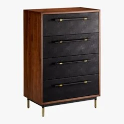 Oberlin Tall 4-Drawer Black Leather And Wood Dresser -Home Furnishings Store OberlinTallChest3QFS18