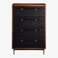 Oberlin Tall 4-Drawer Black Leather And Wood Dresser -Home Furnishings Store OberlinTallChestS18