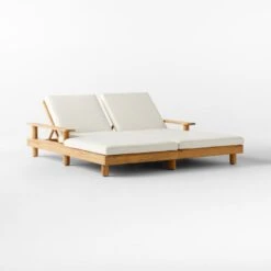 Pinet Teak Outdoor Double Chaise Lounge With Textured Ivory Perennials® Cushions -Home Furnishings Store PinetTeakDoubleChaise3QSSS23