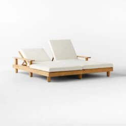 Pinet Teak Outdoor Double Chaise Lounge With Textured Ivory Perennials® Cushions -Home Furnishings Store PinetTeakDoubleChaiseAVSSS23