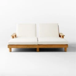 Pinet Teak Outdoor Double Chaise Lounge With Textured Ivory Perennials® Cushions -Home Furnishings Store PinetTeakDoubleChaiseSOSSS23