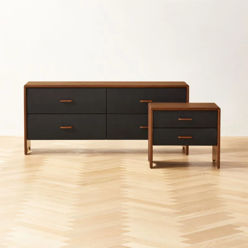 Ralston 2-Drawer Black Leather And Walnut Wood Nightstand 4 Ralston 2-Drawer Black Leather And Walnut Wood Nightstand - Image 2