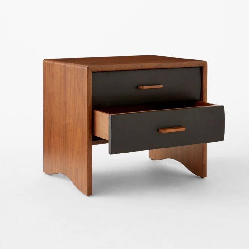 Ralston 2-Drawer Black Leather And Walnut Wood Nightstand 7 Ralston 2-Drawer Black Leather And Walnut Wood Nightstand - Image 5