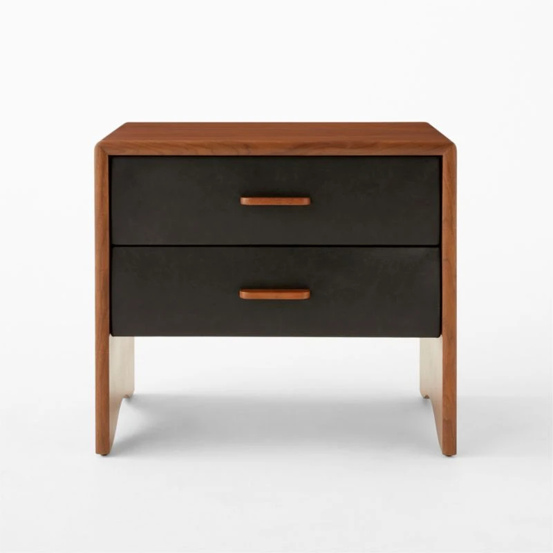 Ralston 2-Drawer Black Leather And Walnut Wood Nightstand 5 Ralston 2-Drawer Black Leather And Walnut Wood Nightstand - Image 3